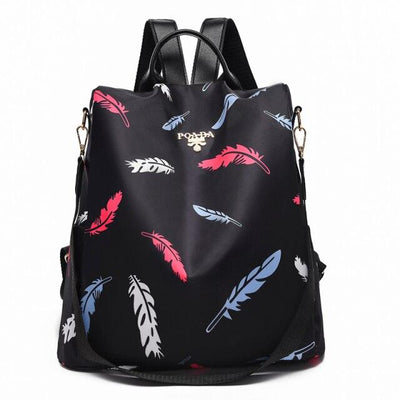 Sac à dos noir avec motif plumes colorées, design moderne et élégant, idéal pour la mode urbaine et les voyages. Accessoire tendance et pratique.