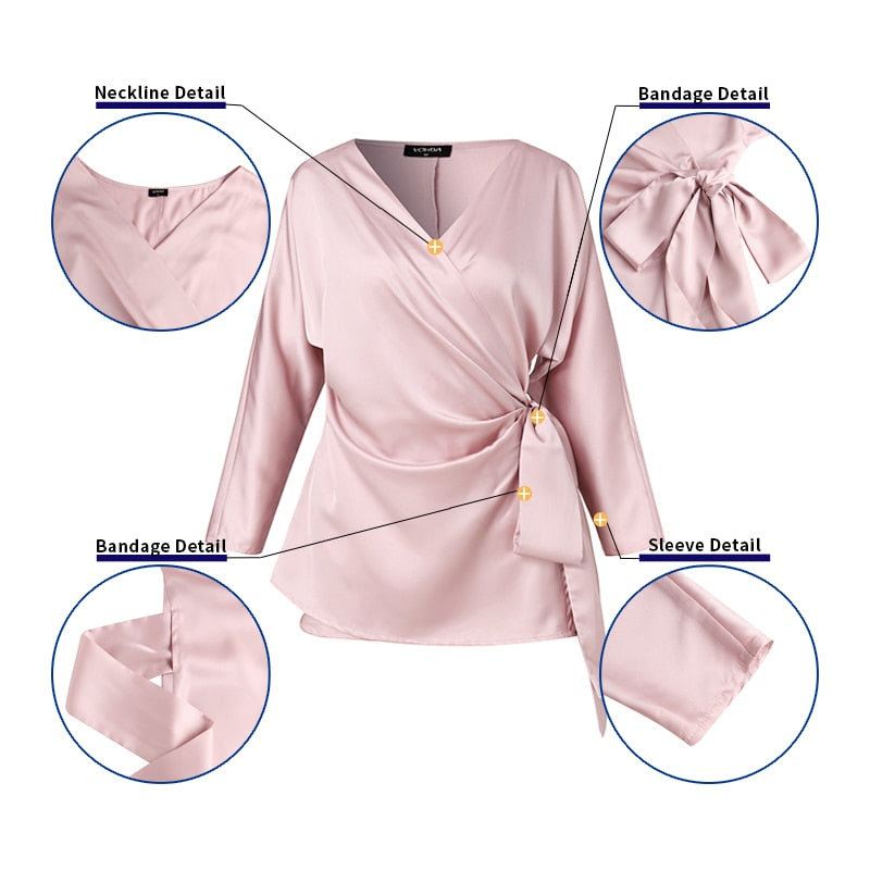 Blouse rose en satin avec détails de col en V, manches longues et nœuds décoratifs. Élégante et chic, idéale pour mode féminine tendance.