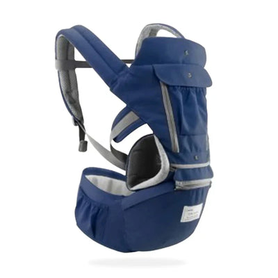 Porte-bébé ergonomique bleu, design ajustable, bretelles rembourrées, soutien lombaire, idéal pour nouveau-nés et jeunes enfants.