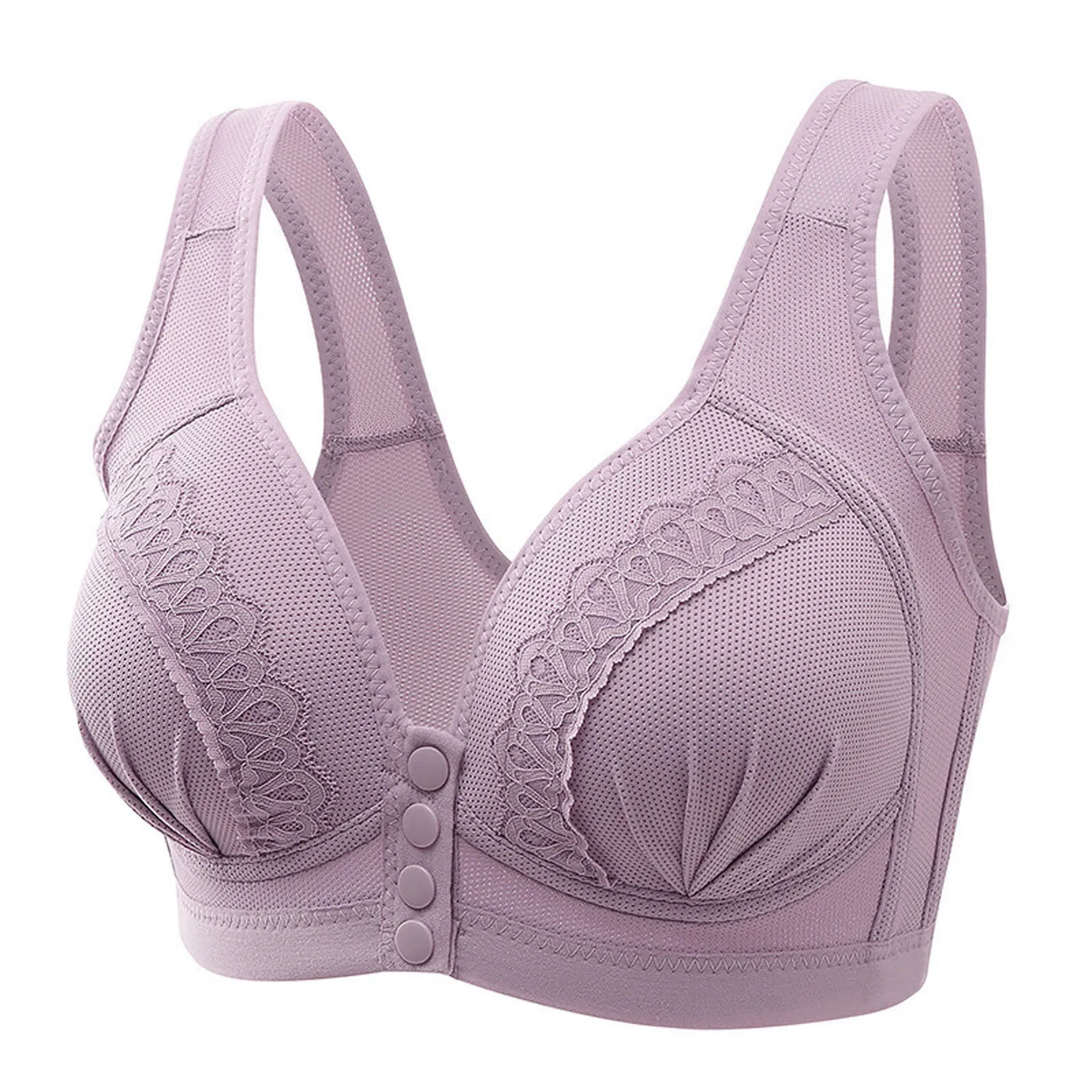 Soutien-gorge violet sans armature, fermeture avant, dentelle délicate, bretelles larges, confort optimal, lingerie féminine élégante.