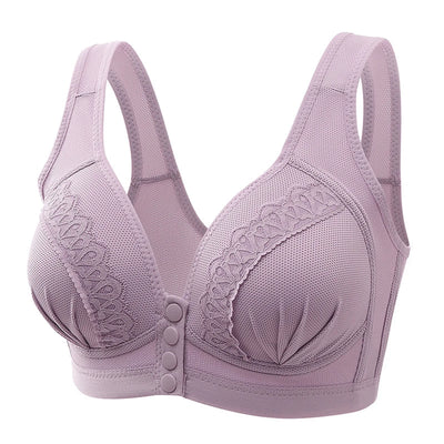 Soutien-gorge violet sans armature, fermeture avant, dentelle délicate, bretelles larges, confort optimal, lingerie féminine élégante.
