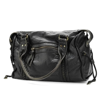 Sac à main en cuir noir élégant avec poches zippées, anses robustes et détails tressés. Accessoire mode femme chic et pratique.