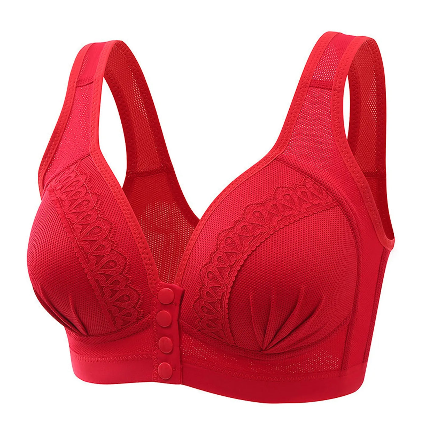 Soutien-gorge rouge sans armature, design en dentelle, fermeture avant à boutons, bretelles larges, lingerie féminine confortable et élégante.