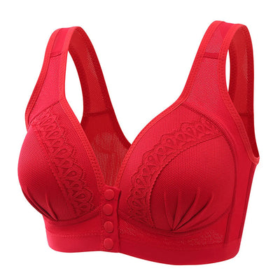 Soutien-gorge rouge sans armature, design en dentelle, fermeture avant à boutons, bretelles larges, lingerie féminine confortable et élégante.