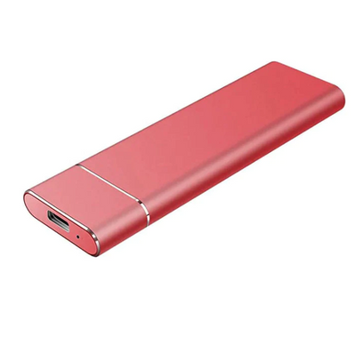 Boîtier SSD externe rouge, design élégant, port USB-C, stockage portable haute vitesse, compatible PC et Mac, accessoire informatique moderne.