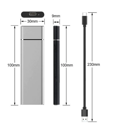 Boîtier SSD externe USB-C argenté 100mm x 30mm, stylo noir 100mm x 9mm, câble USB-C 230mm. Accessoires de stockage portable haute vitesse.