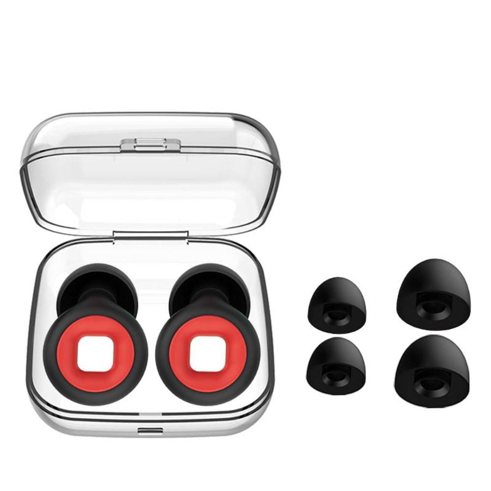 Écouteurs sans fil noirs et rouges avec boîtier transparent, embouts interchangeables. Accessoires audio modernes, design ergonomique.