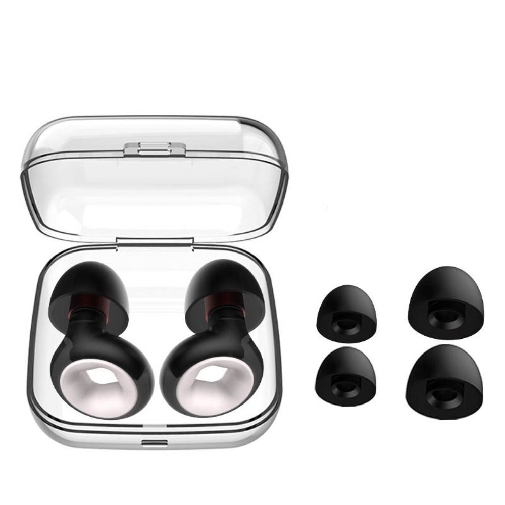 Écouteurs sans fil noirs avec boîtier transparent, embouts interchangeables, design moderne. Accessoires audio Bluetooth haute qualité.