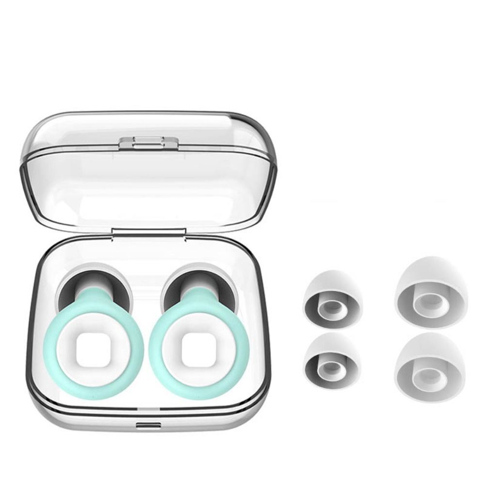 Étui transparent avec écouteurs sans fil turquoise et embouts interchangeables. Accessoires audio modernes, design élégant, technologie Bluetooth.