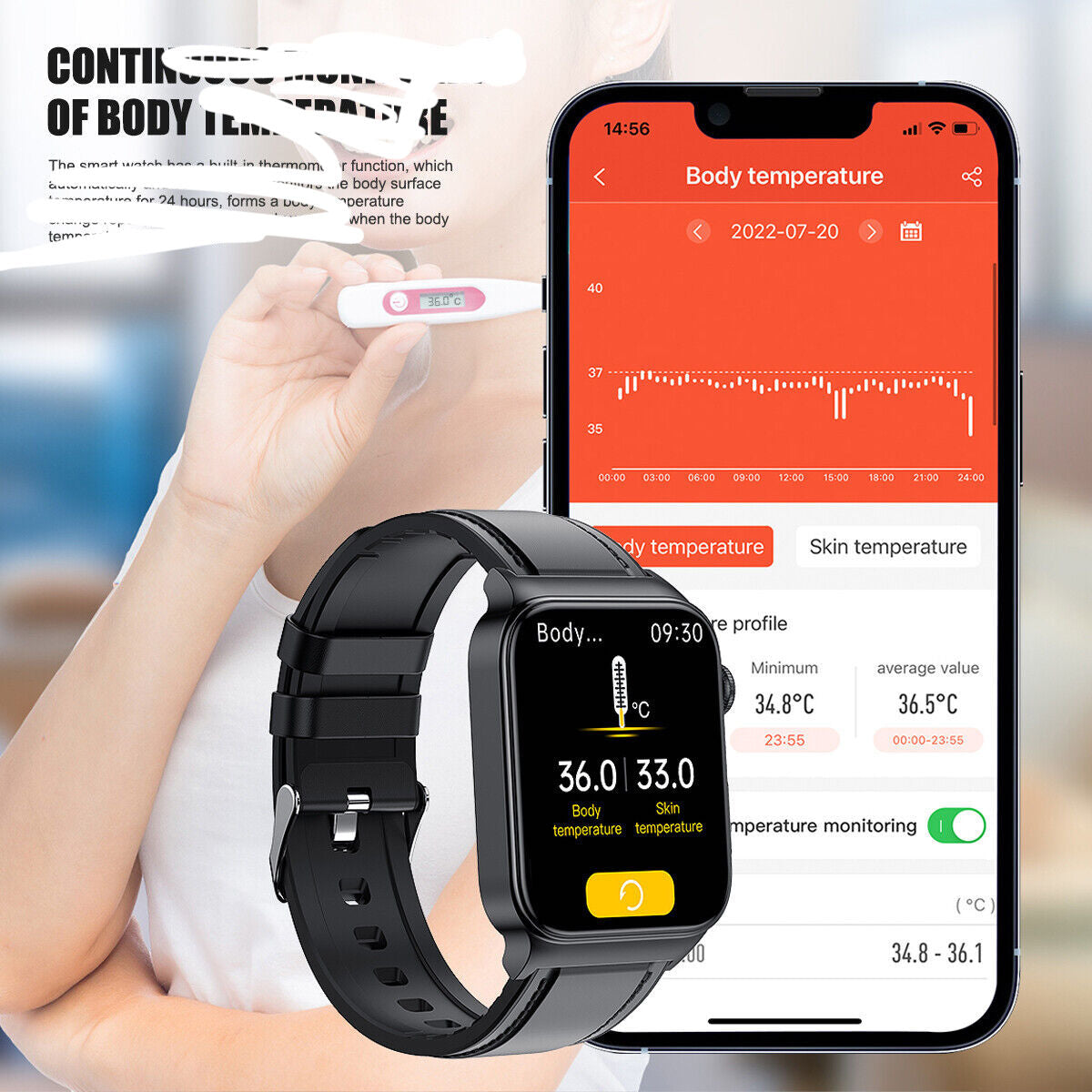 Montre connectée affichant la température corporelle, synchronisée avec une application mobile sur smartphone. Suivi santé, technologie portable.