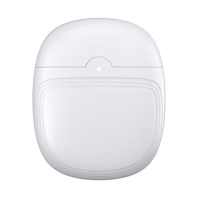 Boîtier de charge sans fil blanc pour écouteurs, design compact et moderne, idéal pour le rangement et la recharge rapide des écouteurs Bluetooth.