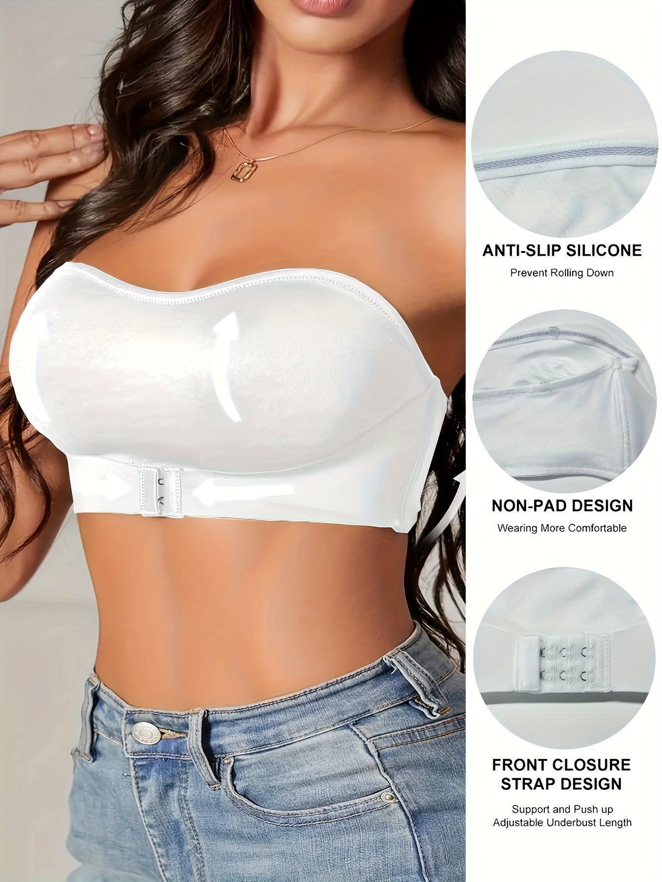 Femme portant un soutien-gorge bandeau blanc sans bretelles, design anti-glisse, sans rembourrage, fermeture avant, avec jean bleu. Mode féminine tendance.