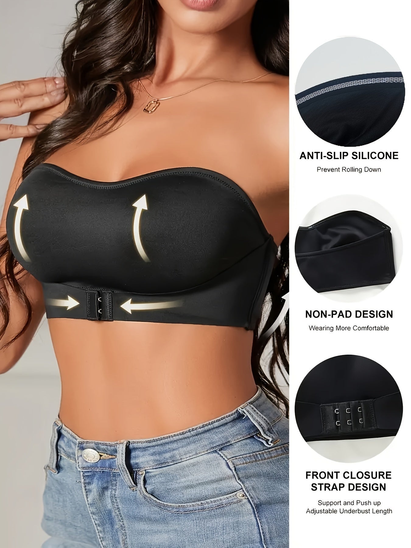 Femme portant un soutien-gorge sans bretelles noir avec fermeture frontale, silicone antidérapant, design sans rembourrage, jean bleu. Mode féminine, lingerie.