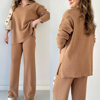 Costume en tricot extensible confortable à col en V pour femme (haut + pantalon)