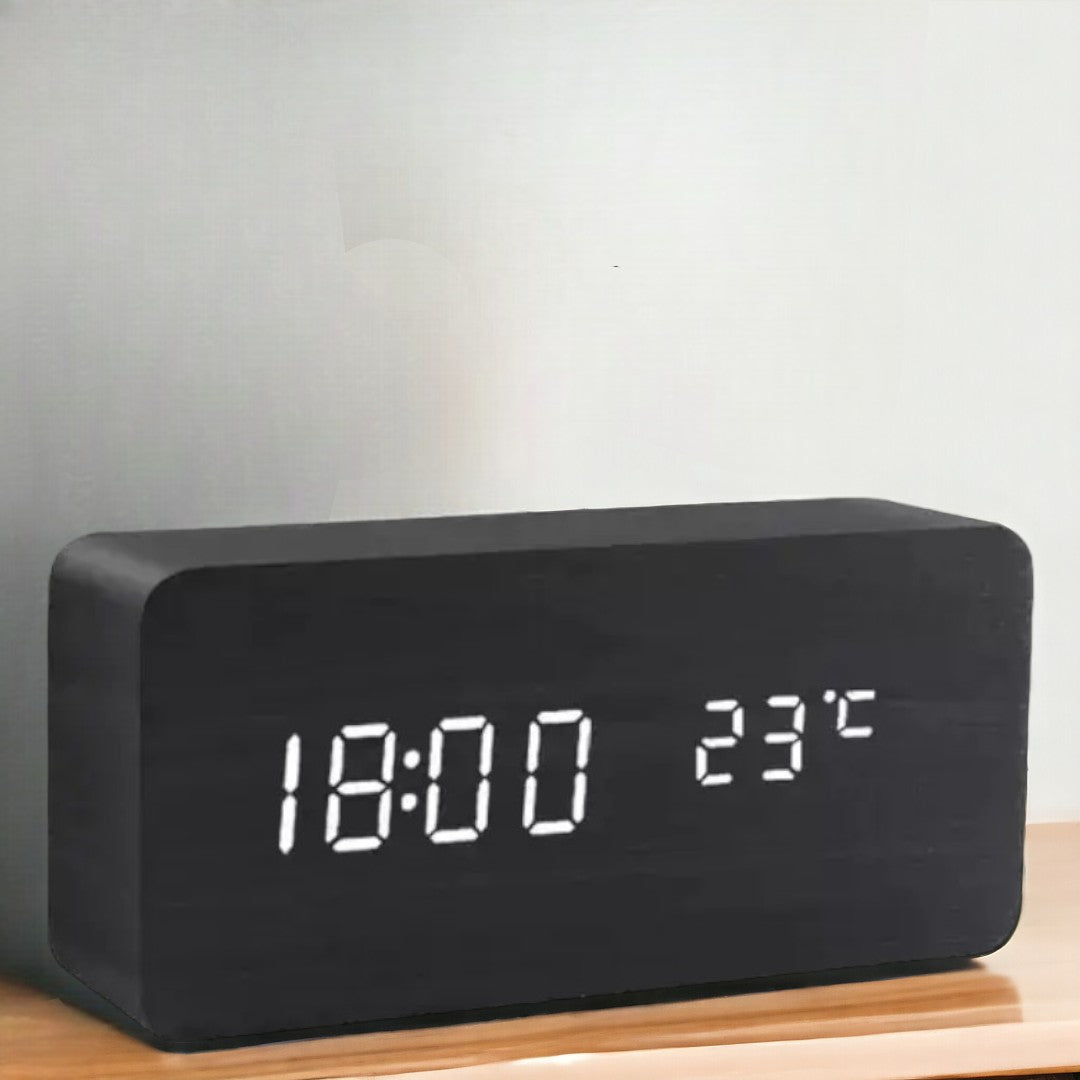 Réveil numérique en bois - Affichage LED, commande vocale, luminosité réglable