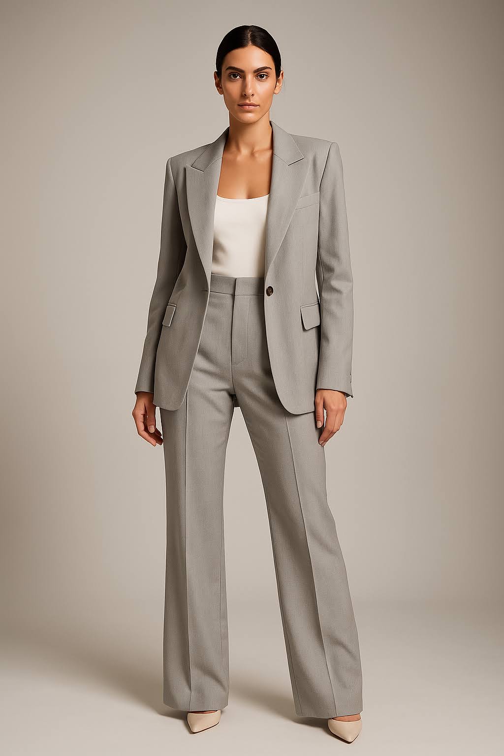 Femme en tailleur gris élégant, veste et pantalon assortis, pose professionnelle. Mode féminine, tenue de bureau chic, style moderne.