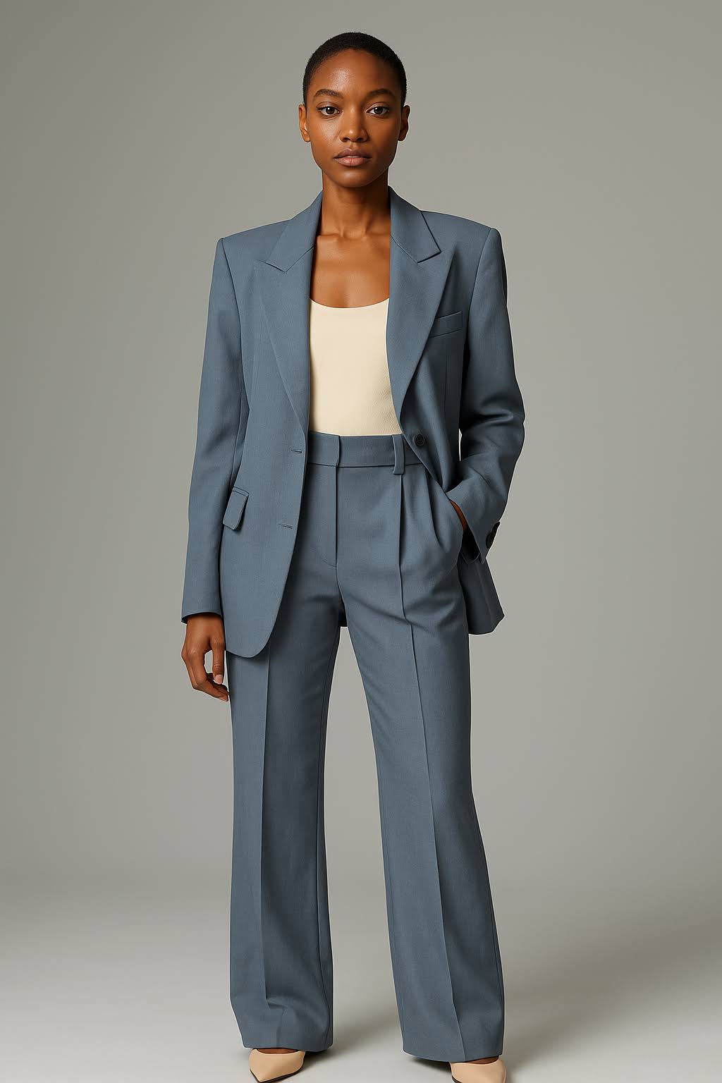 Femme portant un costume bleu élégant avec un blazer et un pantalon, sur fond neutre. Mode professionnelle, tenue de bureau chic.