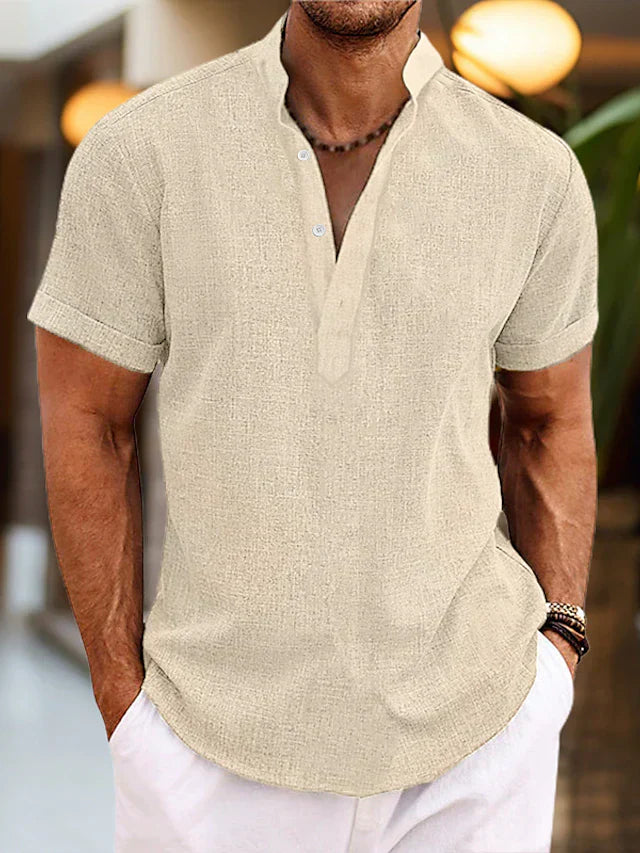 Chemise en lin Silas pour homme - Chemise d'été respirante à col Henley et manches courtes
