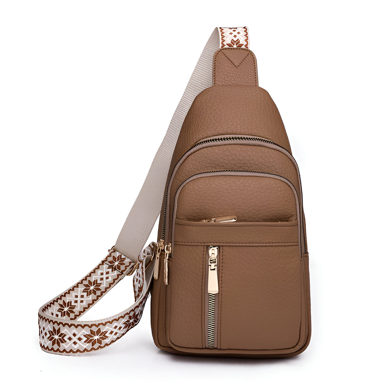Sac à bandoulière marron en cuir texturé avec fermeture éclair dorée et sangle décorative blanche et marron. Accessoire mode pratique et élégant.