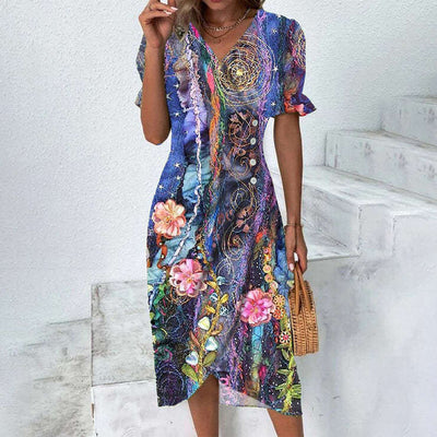 Robe d'été colorée avec motifs floraux et abstraits, manches courtes, portée par une femme tenant un sac en osier, sur fond d'escaliers blancs.