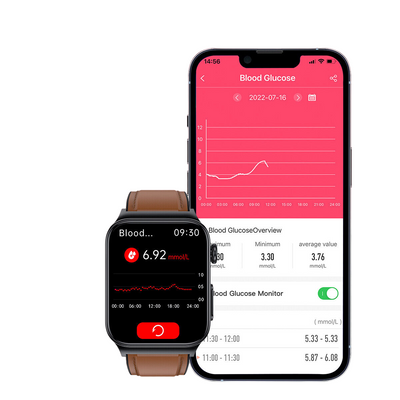 Montre connectée et smartphone affichant le suivi de la glycémie, graphique et données en temps réel. Technologie santé, gestion du diabète.