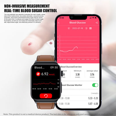 Montre connectée mesurant la glycémie en temps réel, affichant des données sur un écran de smartphone. Technologie non invasive pour le contrôle du sucre.