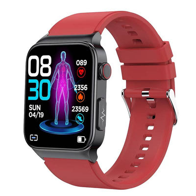 Montre connectée rouge avec écran tactile affichant l'heure, la date, le suivi de santé et d'activité. Accessoire technologique moderne et élégant.