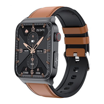 Montre connectée noire et marron avec écran tactile affichant l'heure, la météo, et le suivi d'activité. Design moderne et élégant.