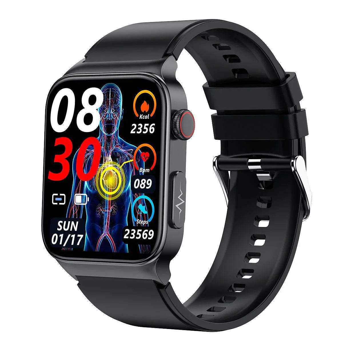 Montre connectée noire avec écran tactile affichant l'heure, la date, le suivi de la fréquence cardiaque et des calories. Accessoire technologique moderne.