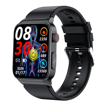 Montre connectée noire avec écran tactile affichant l'heure, la date, le suivi de la fréquence cardiaque et des calories. Accessoire technologique moderne.