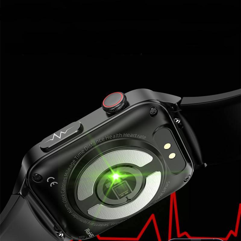 Montre connectée noire avec capteur de fréquence cardiaque, affichage LED vert, bracelet en silicone, design moderne, technologie santé avancée.