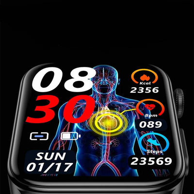Montre connectée affichant un écran de santé numérique avec fréquence cardiaque, calories brûlées et nombre de pas, sur fond noir.