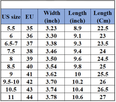 Tableau des tailles de chaussures, conversion US-EU, largeur et longueur en pouces et cm, tailles 5.5 à 11 US, 35 à 44 EU, longueurs 22.5 à 27 cm.