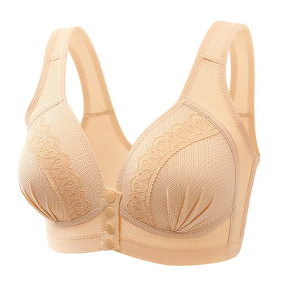 Soutien-gorge beige sans armatures, fermeture avant, dentelle délicate, bretelles larges, confort optimal, lingerie féminine élégante et pratique.